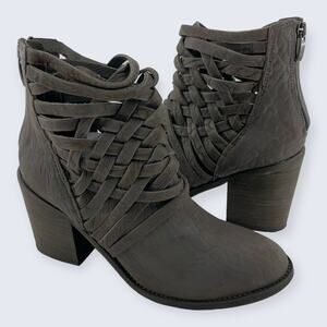 Free People Carrera Gray Leather Woven Crisscross Strappy Block Heel Boot 39 8.5